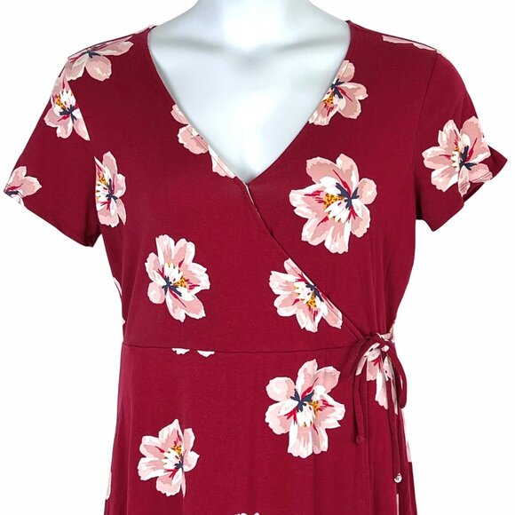 Old Navy Faux-Wrap Jersey Dress Women Size Large Burgundy Floral Waist-Defined - Picture 3 of 15